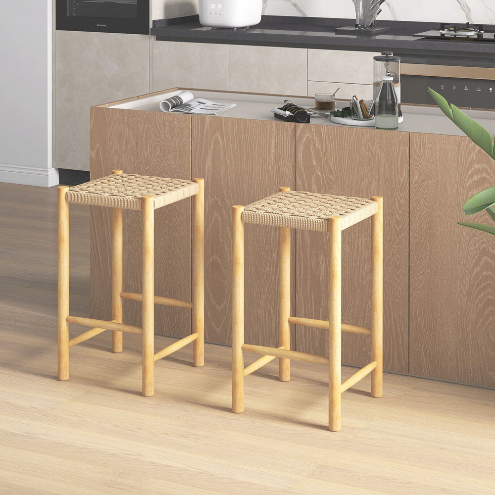 Natural 26-inch dining bar stool set of 2 with woven paper rope seats, ideal for indoor and outdoor use.