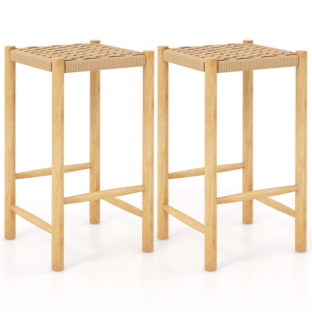 Natural 26-inch dining bar stool set of 2 with woven paper rope seats, sturdy rubber wood construction for indoor and.