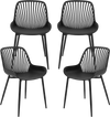 Set of four modern black kitchen chairs with metal legs and cutout backrest, ideal for dining rooms and home offices.