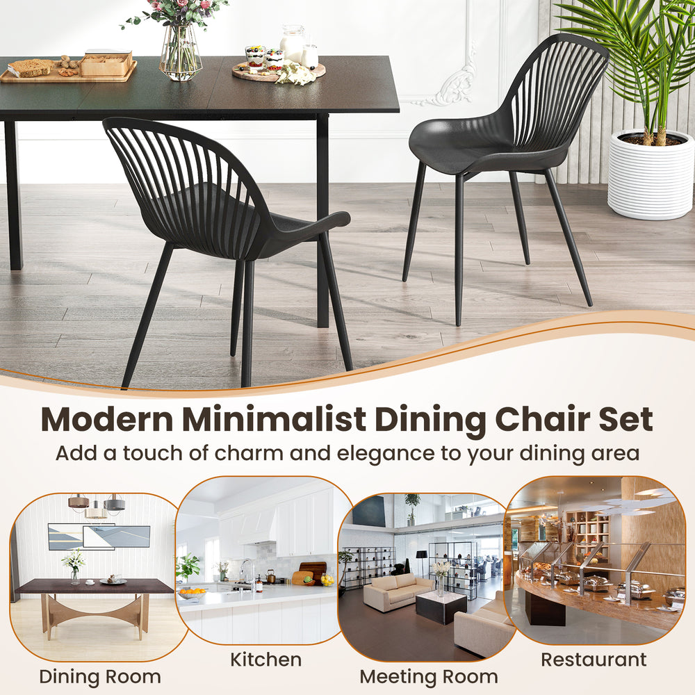 Black modern kitchen chair with metal legs and cutout backrest, ideal for dining rooms and home offices.