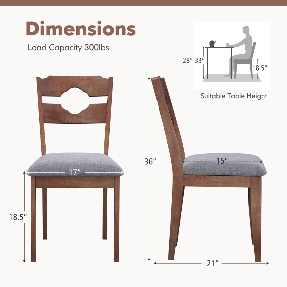Gray fabric upholstered dining chair set of 2 with padded seat, ergonomic high back, and natural rubber wood frame.