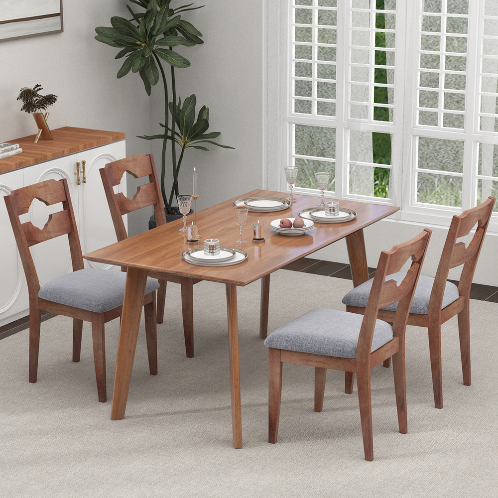 Gray fabric upholstered dining chair set featuring a natural rubber wood frame and ergonomic high backrest for comfort.