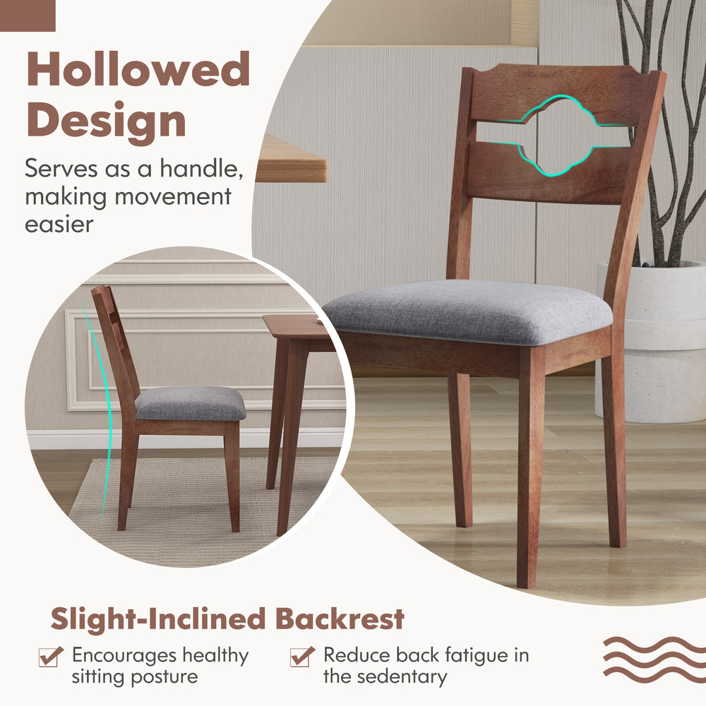 Dining chair with a hollowed backrest, gray padded seat, and natural rubber wood frame for comfortable dining.