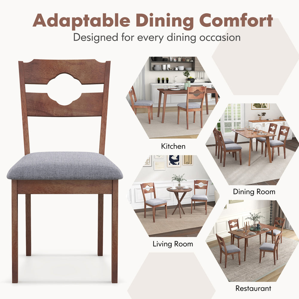 Gray fabric upholstered dining chair with padded seat, natural rubber wood frame, perfect for kitchen or dining room.