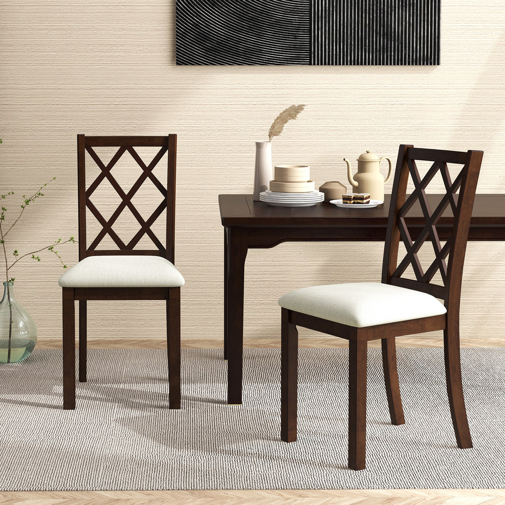 Set of 2 brown dining chairs with upholstered seat cushions and rubber wood legs, ideal for dining or living rooms.