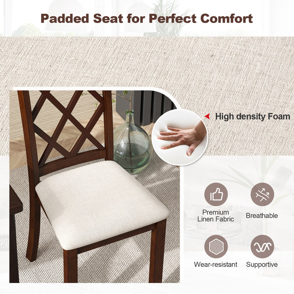 Padded seat of a dining chair set featuring high-density foam and premium linen fabric for comfort and durability.