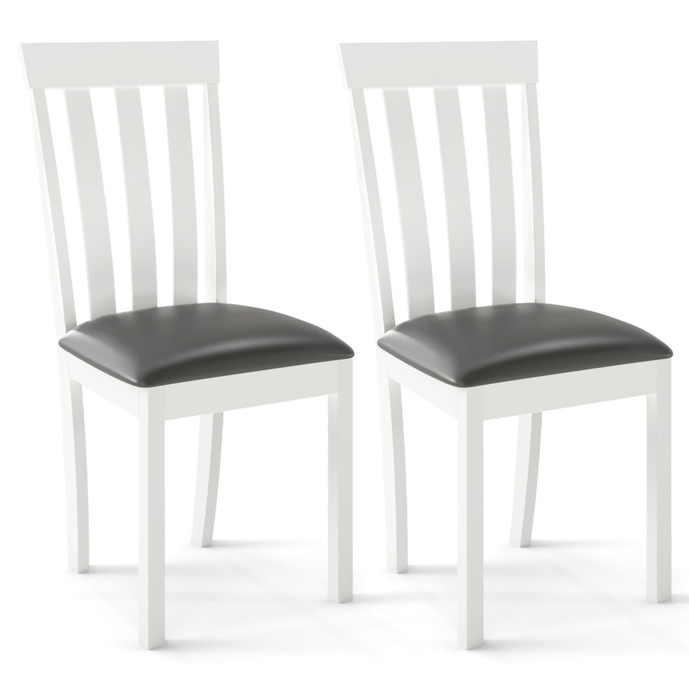 Set of 2 white wooden dining chairs with padded seats, featuring a rubber wood frame and slat back design for comfort.