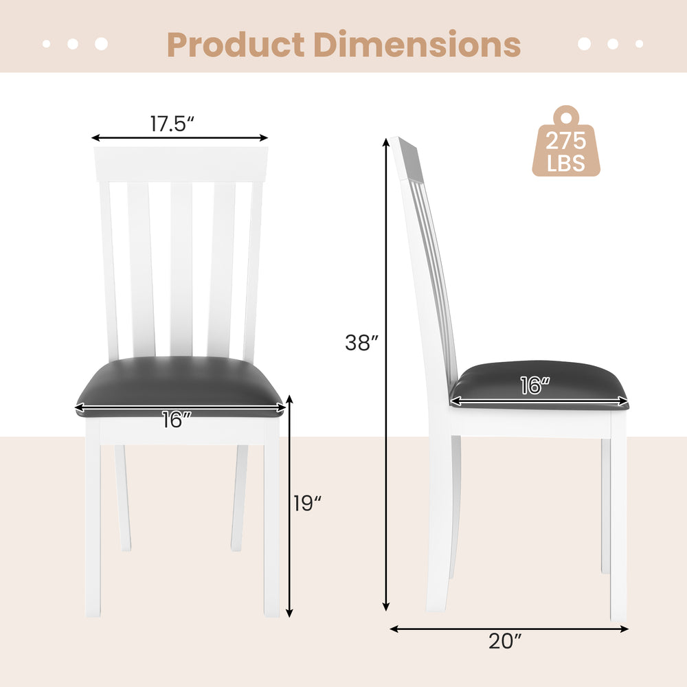 Dimensions of a white dining chair with padded seat, rubber wood frame, and supportive backrest for healthy posture.
