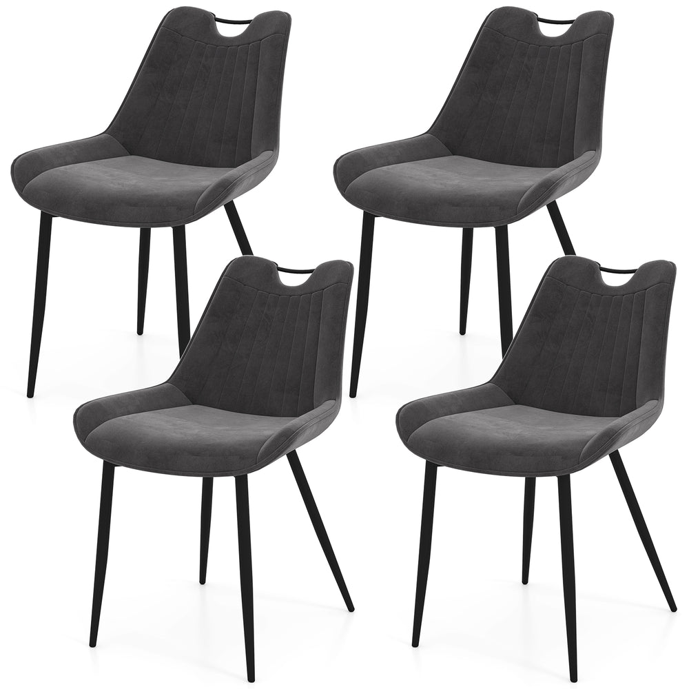 Set of 4 gray dining chairs with faux leather upholstery and metal legs, ideal for modern kitchens and dining spaces.