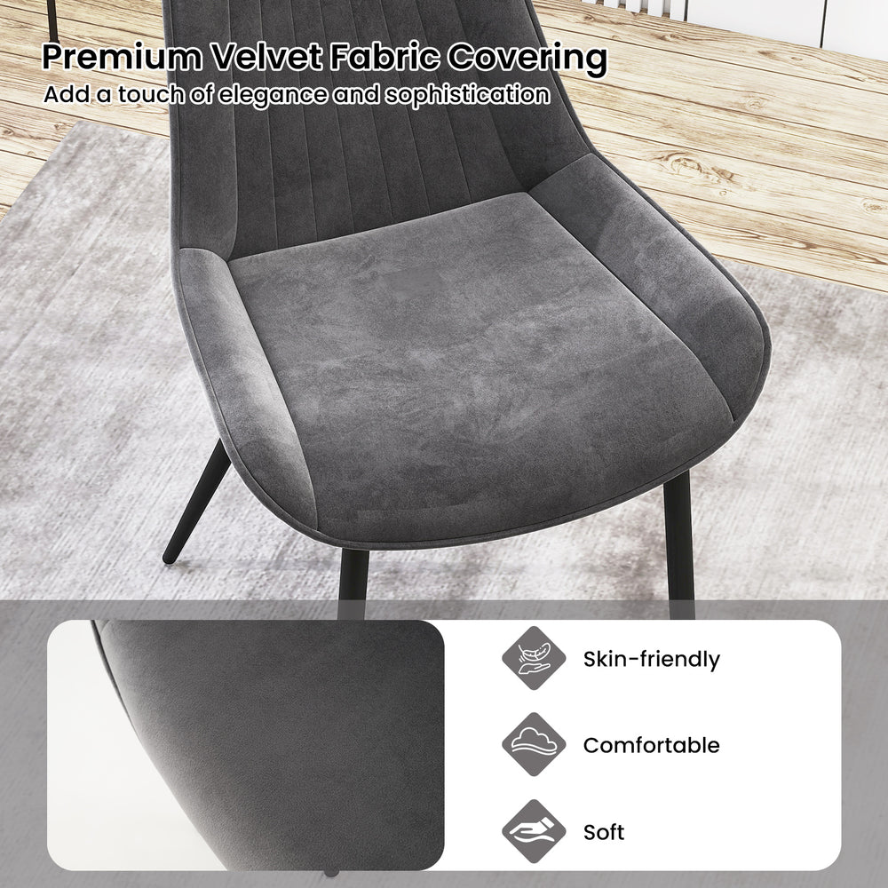 Gray dining chair with premium velvet fabric covering, featuring metal legs for modern elegance and comfort.