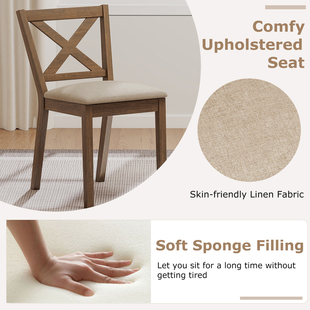 Modern dining chair with upholstered seat in brown, featuring a breathable X-shaped backrest for comfort and support.