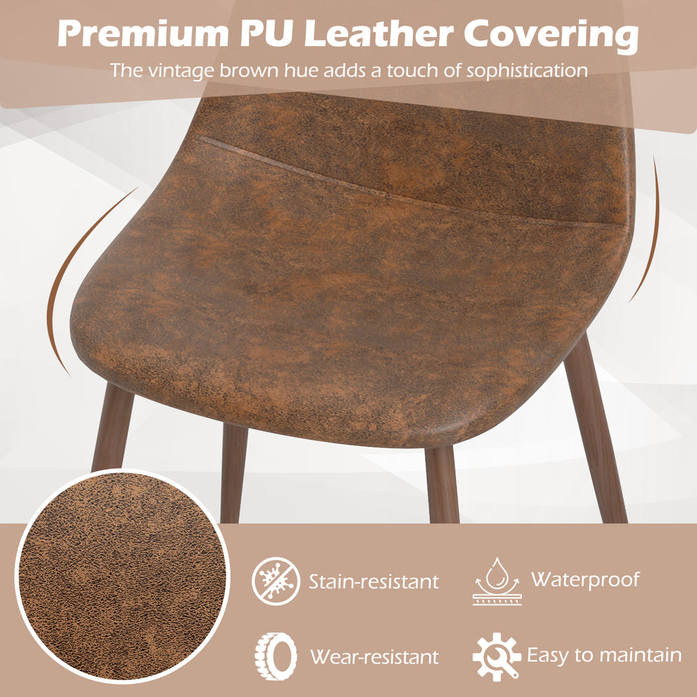 Curved dining chair with brown PU leather upholstery and metal legs, perfect for dining rooms and cafes.