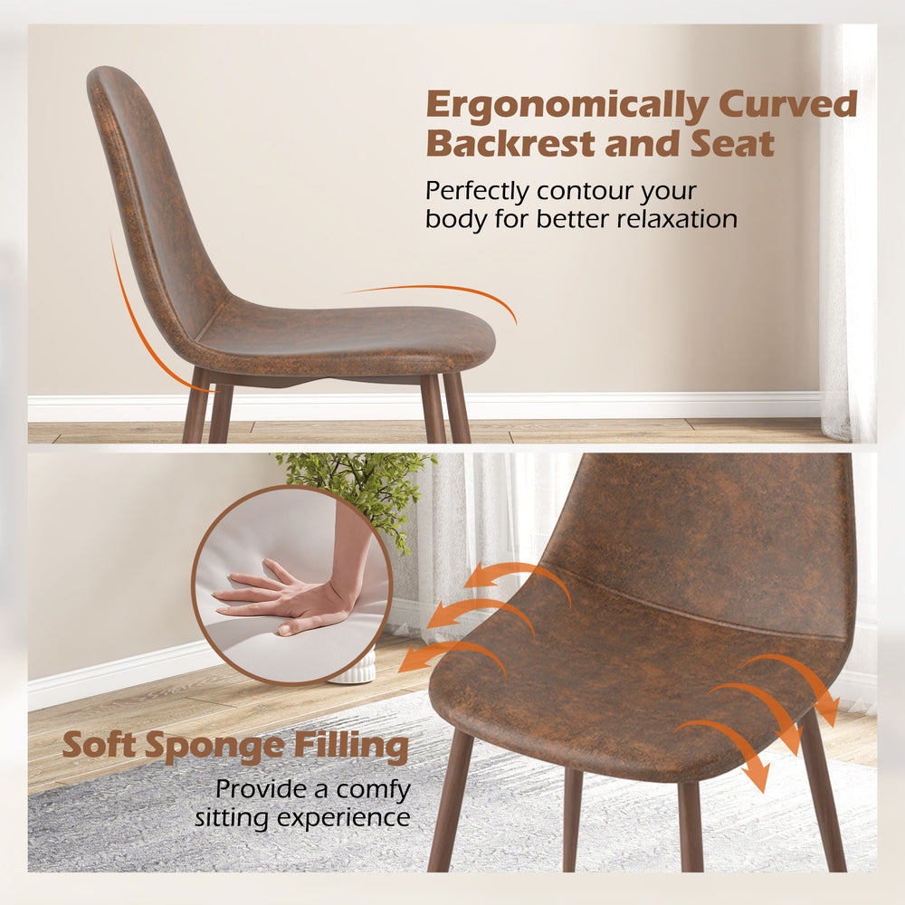 Curved brown faux PU leather dining chair with soft sponge filling and metal legs, ideal for kitchen or dining room use.