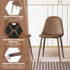 Brown faux PU leather dining chair with sturdy metal legs, X-shaped structure, and adjustable footpads for stability.