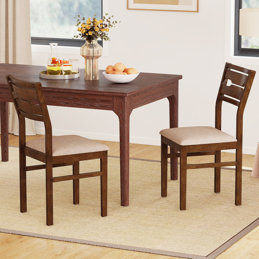 Set of two dining chairs with rubber wood frame and padded seats, featuring ergonomic backrests for comfort.