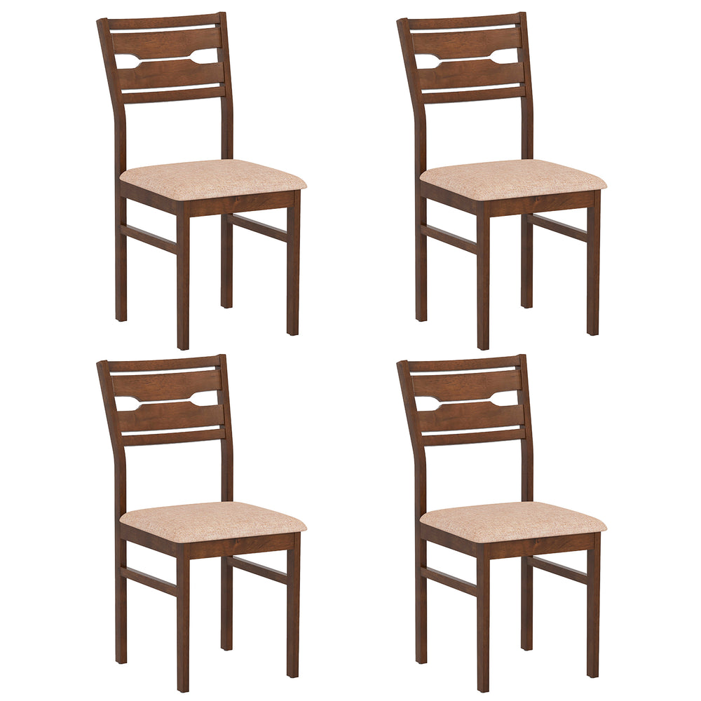 Set of four dining chairs with rubber wood frame and padded polyester seats, designed for comfort and durability.
