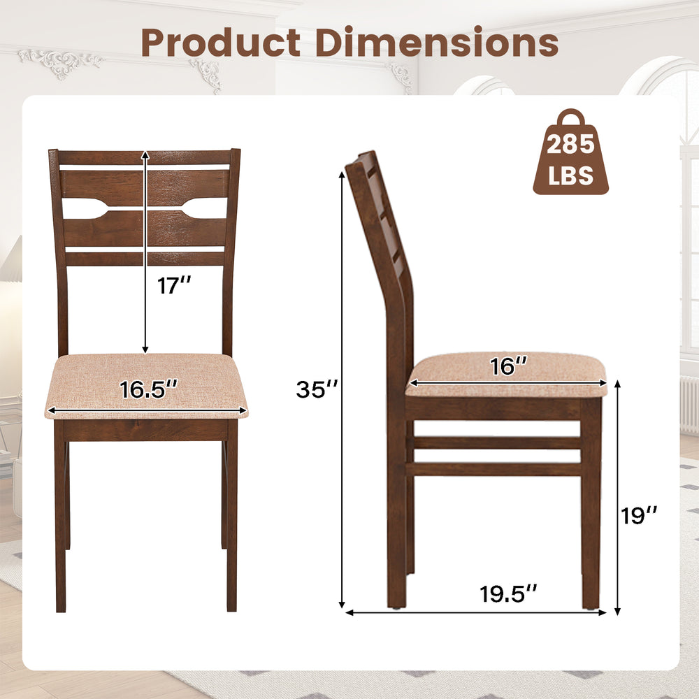 Dining chair dimensions showing a rubber wood frame, padded seat, and ergonomic backrest for comfortable seating.