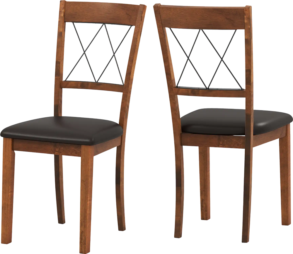 Set of 2 walnut dining chairs with rubber wood frame, curved backrest, and padded seats for comfortable dining.