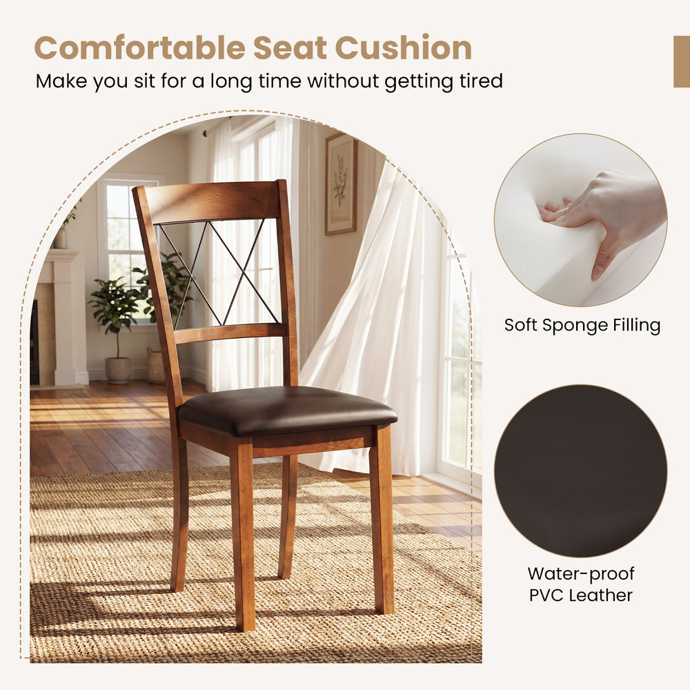 Dining chair with walnut rubber wood frame and waterproof PVC leather seat cushion for comfortable dining experiences.