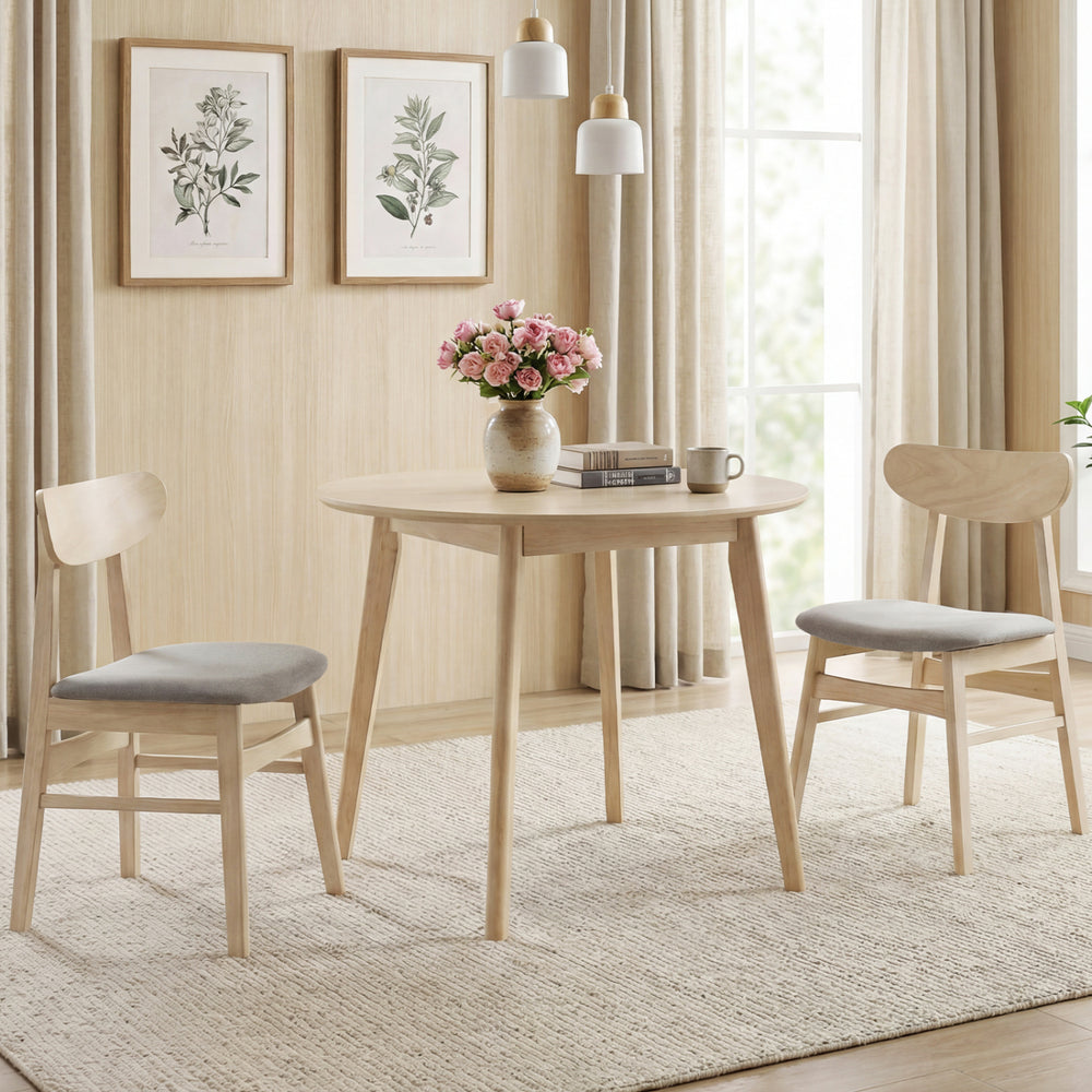 Natural wood dining chair set of 2 with fabric upholstery, ergonomic backrest, ideal for kitchen or living room use.