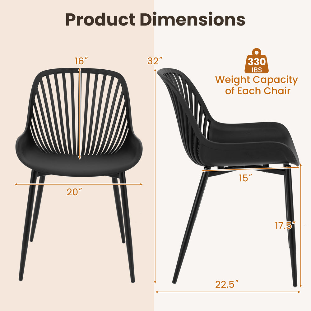 Black modern kitchen chair with metal legs, cutout backrest, and curved seat dimensions for dining or office use.