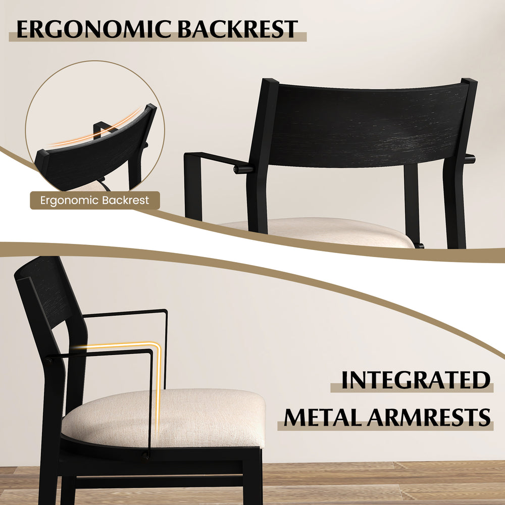 Dining chair with ergonomic backrest and integrated metal armrests, featuring a beige sponge-padded seat for comfort.