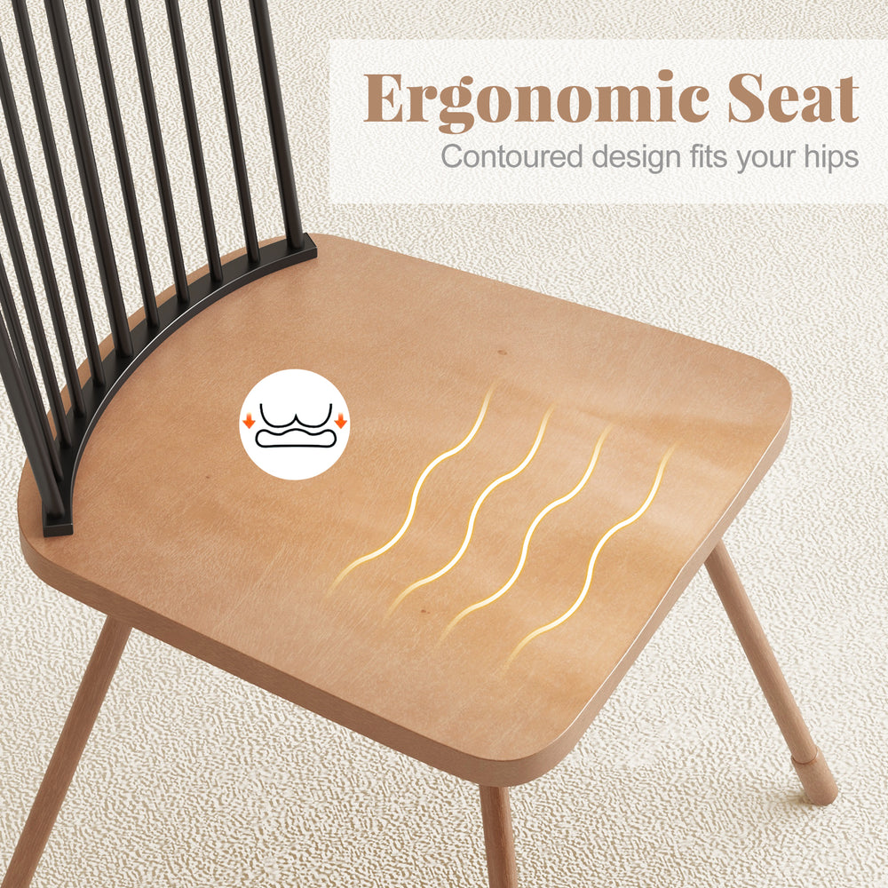 Ergonomic dining chair featuring a contoured seat and spindle back, designed for comfort and style in natural wood.