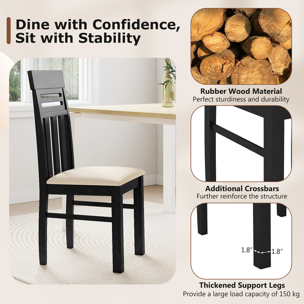 High back dining chair in black rubber wood with PU leather seat, designed for comfort and durability in dining rooms.