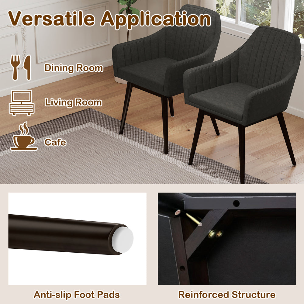 Set of 2 black upholstered dining chairs with padded backrest, rubber wood legs, and anti-slip foot pads for stability.