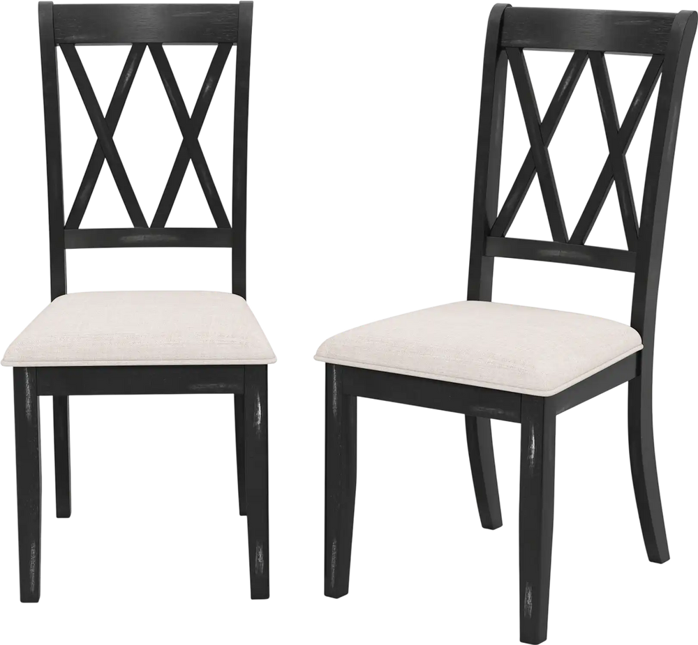 Set of 2 dining chairs with curved cross back, rubber wood legs, and beige upholstered seats for kitchen or dining room.