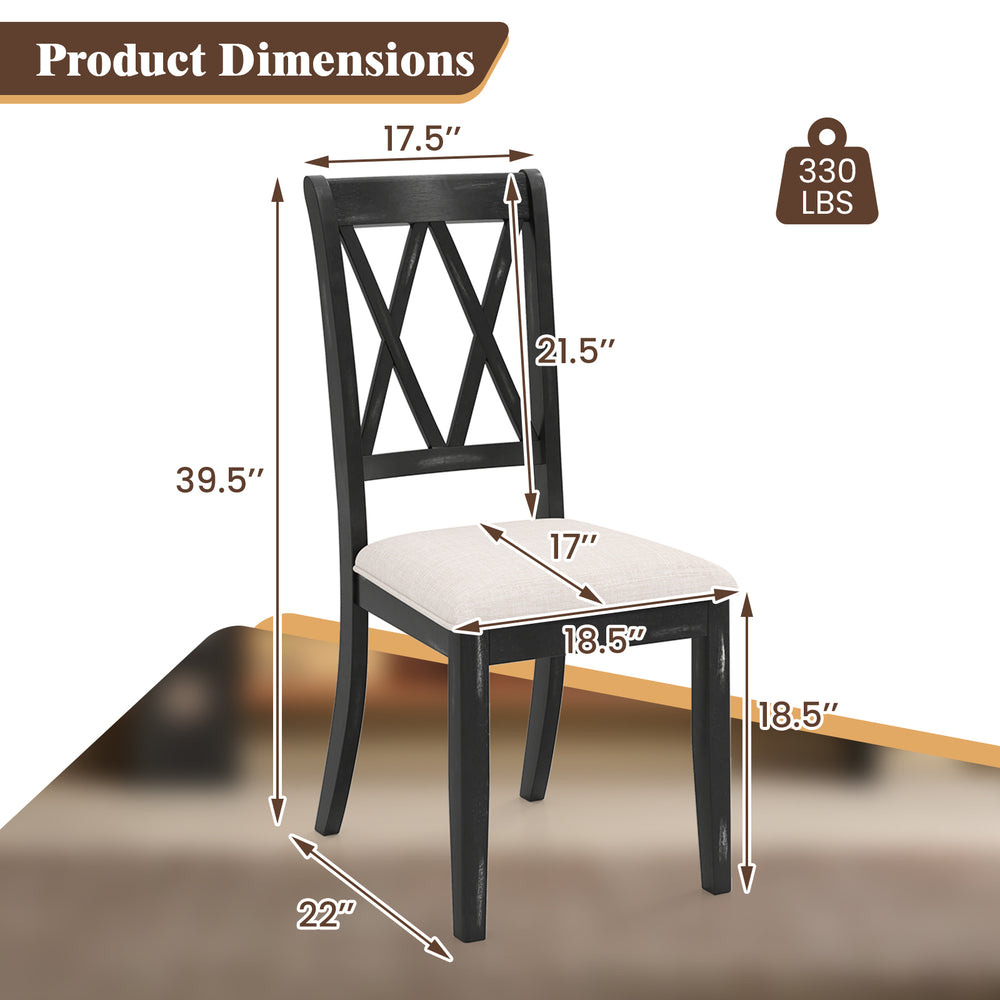 Curved cross back dining chair with beige upholstered seat, rubber wood legs, and ergonomic design for comfort.