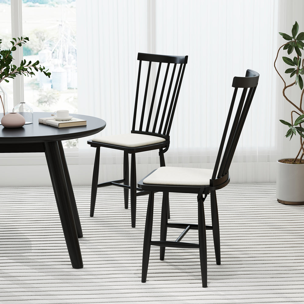 Black Windsor dining chairs set of 2 with removable seat cushions, ergonomic backrest, ideal for dining rooms or.