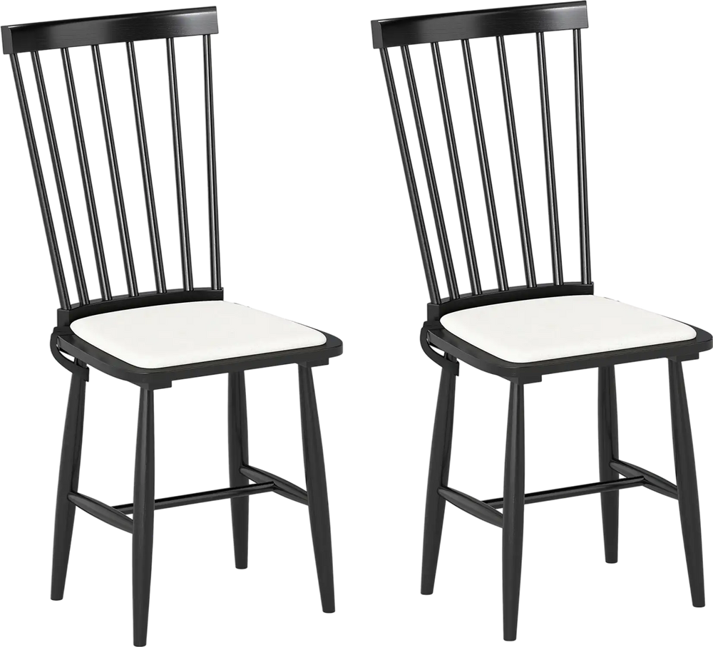 Set of 2 black farmhouse dining chairs with removable seat cushions and ergonomic curved backrest for comfort.