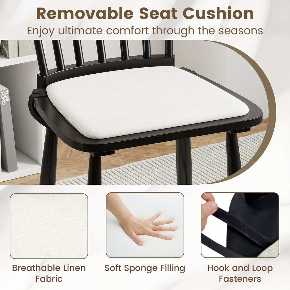 Removable seat cushion on a black Windsor dining chair, featuring breathable linen fabric and soft sponge filling for.