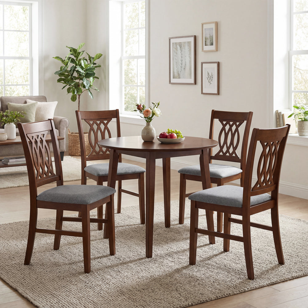 Walnut dining chairs set with padded seats and ergonomic backrests, ideal for kitchen and living room use.