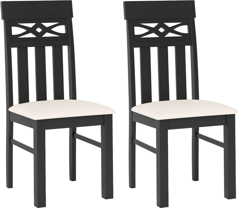 Set of 2 black dining chairs with high back, padded seat, and durable rubber wood frame for comfortable dining.