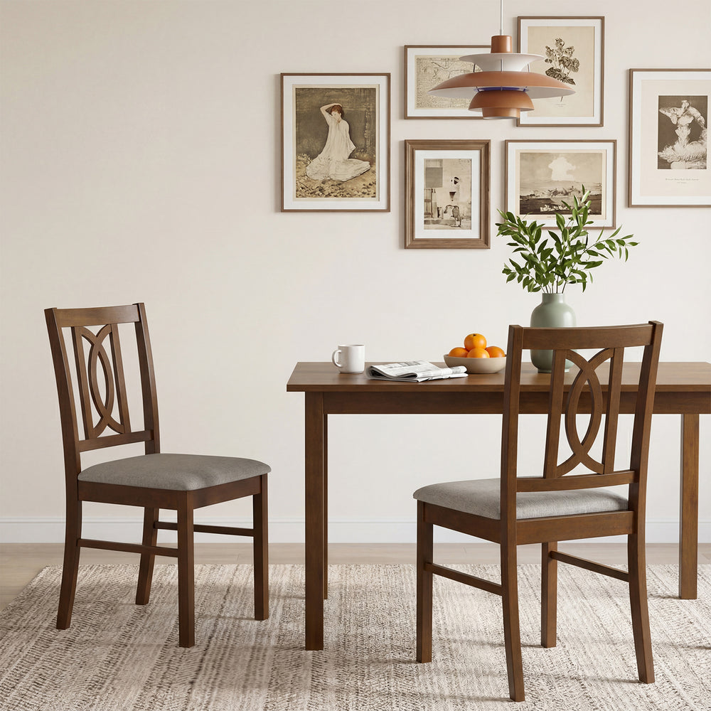 Walnut rubber wood dining chair showcasing a hollowed backrest and soft faux linen upholstery for elegant dining.