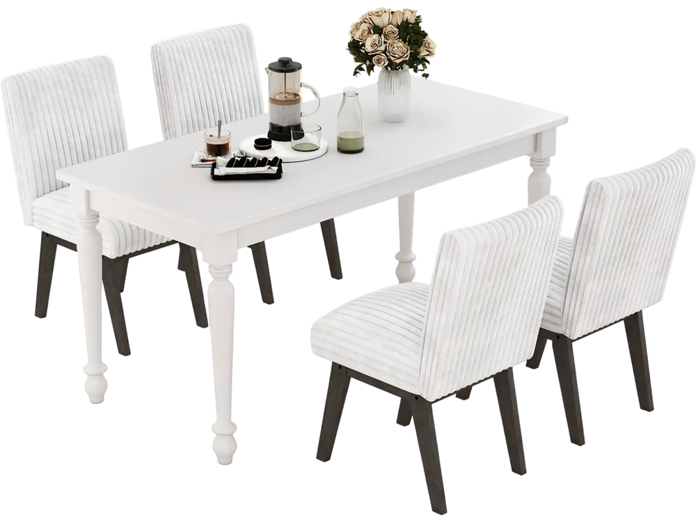 Set of 4 white and gray fabric upholstered dining chairs with padded seats and rubber wood legs, perfect for kitchens.