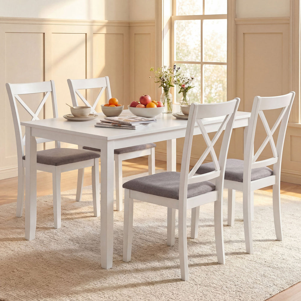 White rubber wood dining chairs set of 4 with padded seats and backrests, perfect for comfortable dining experiences.