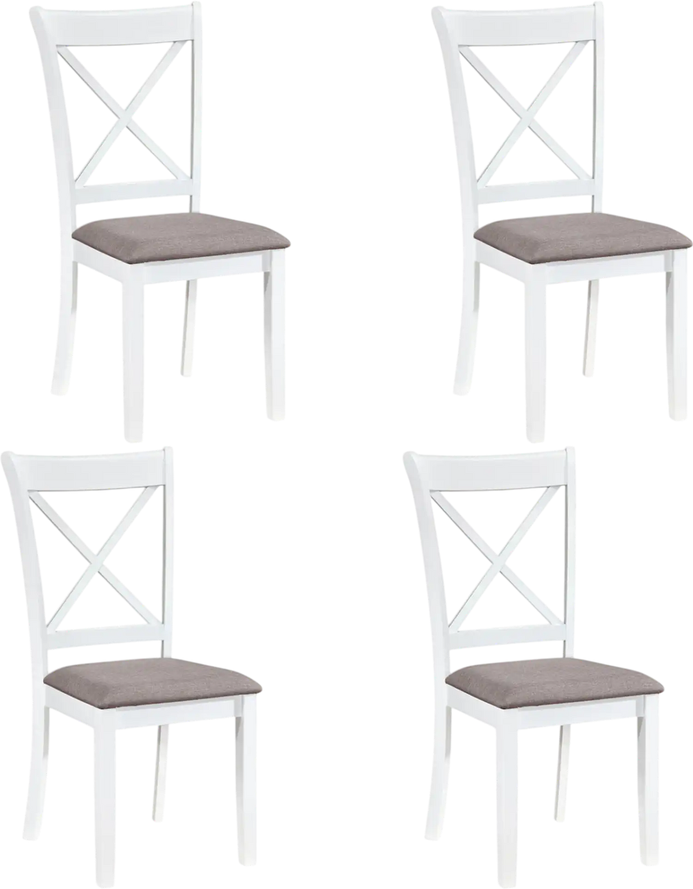 Set of 4 white rubber wood dining chairs with padded seats and comfortable backrests for stylish dining room seating.