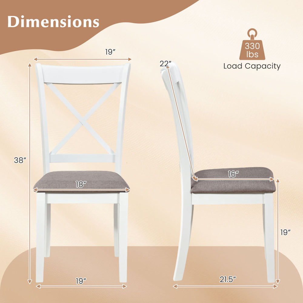 White rubber wood dining chair set with padded seat and backrest, featuring dimensions and 330 lbs load capacity.
