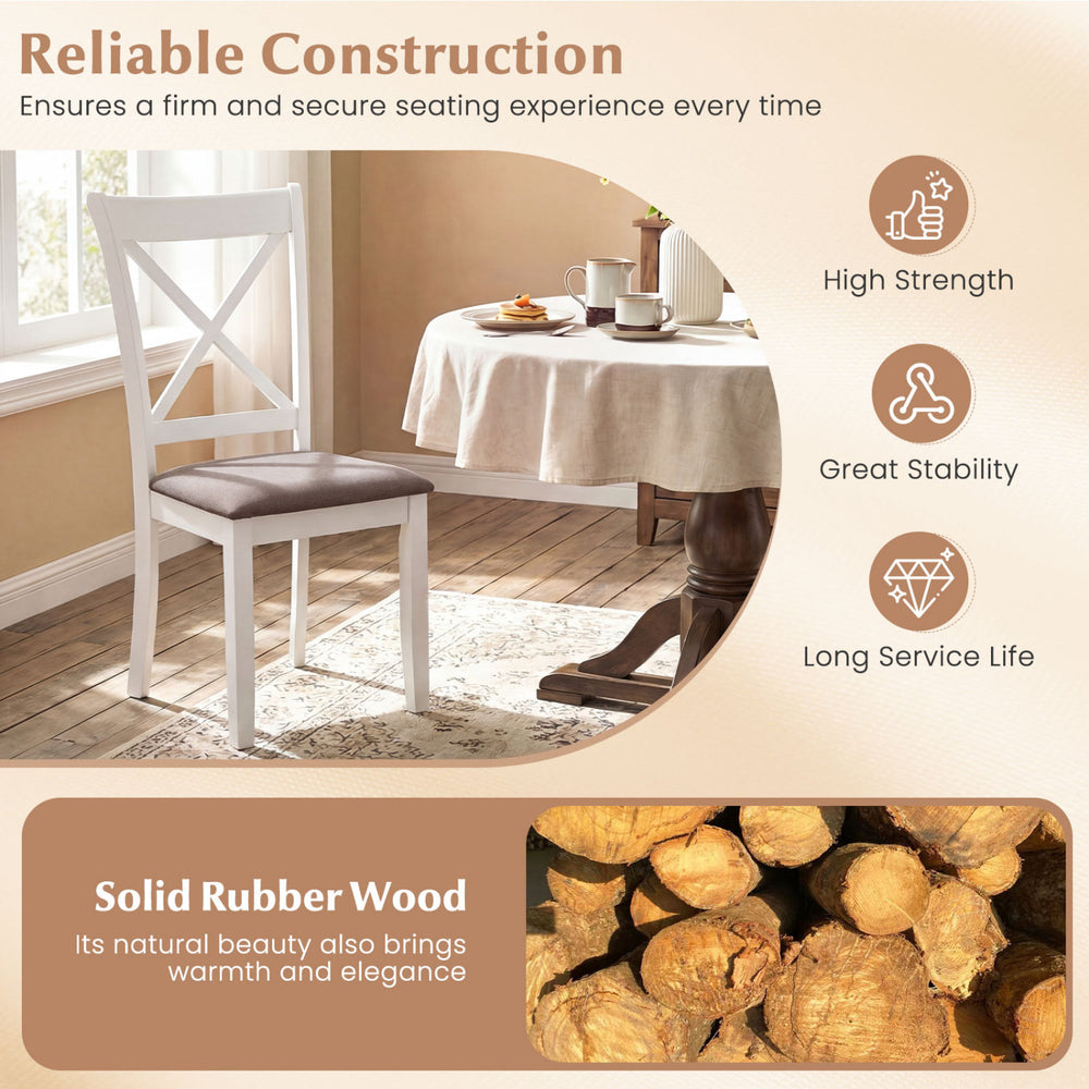 White rubber wood dining chair with padded seat and backrest, designed for comfort and stability in dining rooms.