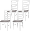 Set of 4 white dining chairs with rubber wood frames and gray linen upholstery, ideal for kitchen or dining room use.