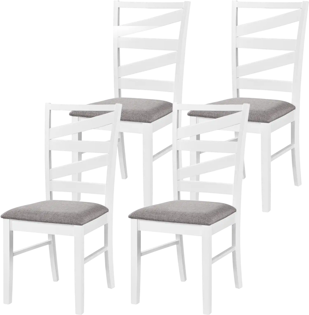 Set of 4 white dining chairs with rubber wood frames and gray linen upholstery, ideal for kitchen or dining room use.