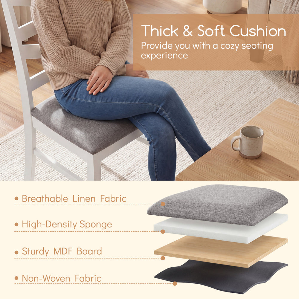 Dining chair with thick cushion and backrest, featuring breathable linen fabric and sturdy rubber wood frame for dining.