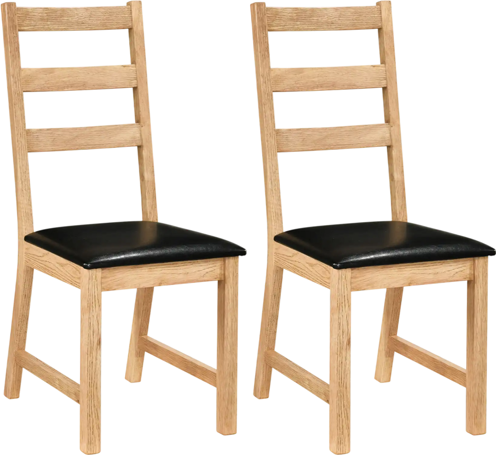 Set of 2 farmhouse dining chairs with natural wood finish and black PU leather cushions, featuring ergonomic hollowed.