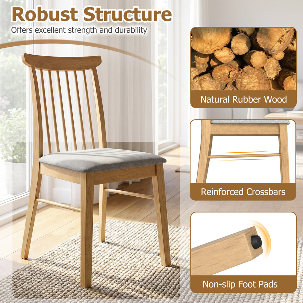 Natural rubber wood dining chair with spindle backrest and fabric upholstery, designed for comfort and durability.