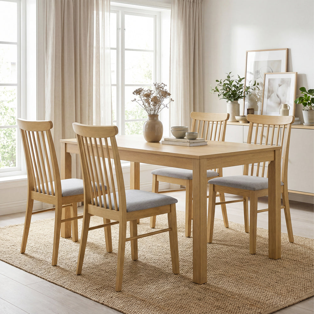 Set of 4 natural rubber wood dining chairs with fabric upholstery and spindle backrest, perfect for kitchen dining.