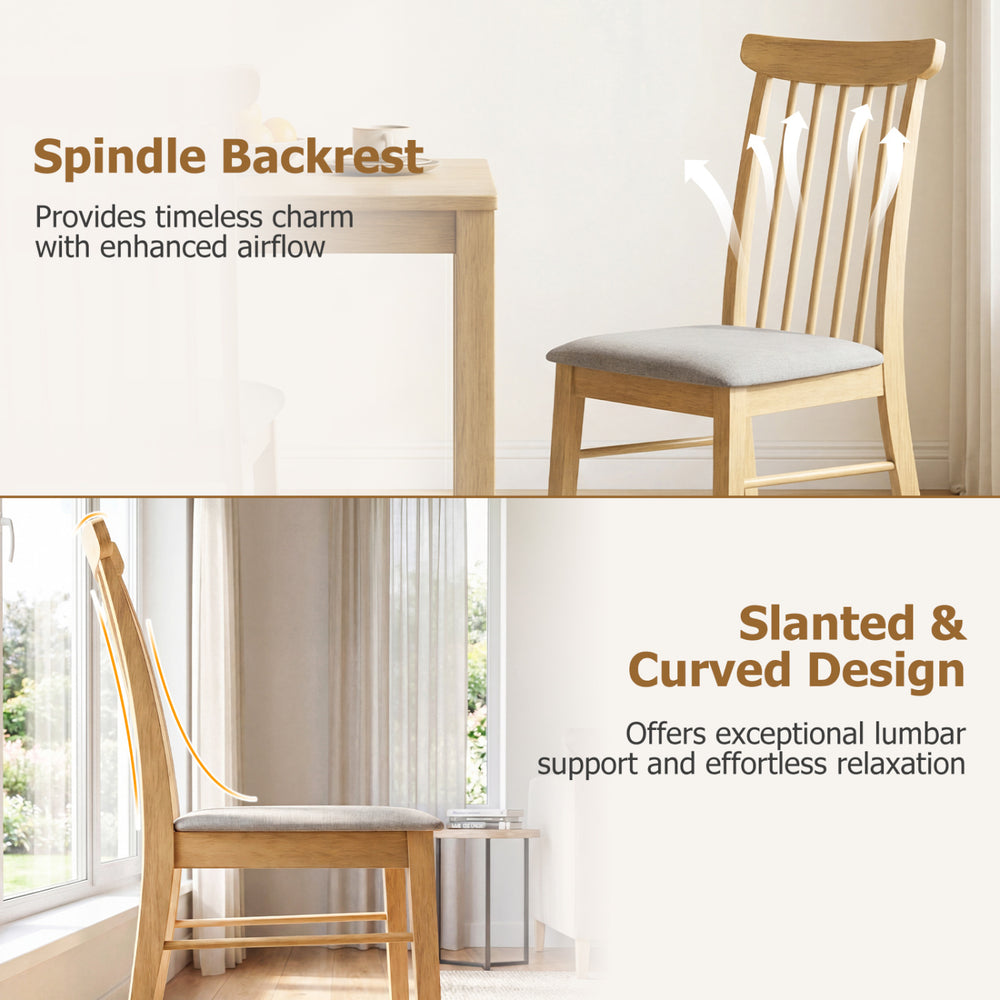 Dining chair with spindle backrest and slanted design, featuring rubber wood frame and soft fabric upholstery for.