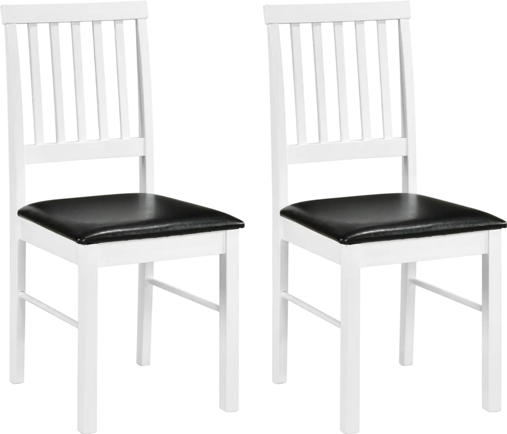 Set of 2 modern white dining chairs with black PU leather cushions, featuring ergonomic backrests for comfort.